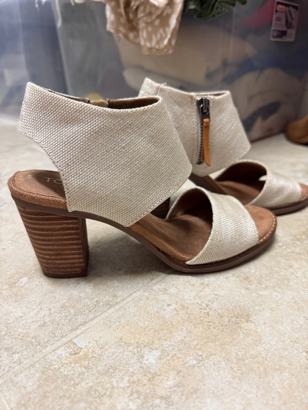 Toms Cream Linen Block Heel Sandals with Stacked Wood Heel